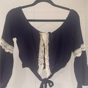 Elegant Navy Blue Lace Trim Women's Open Back Top